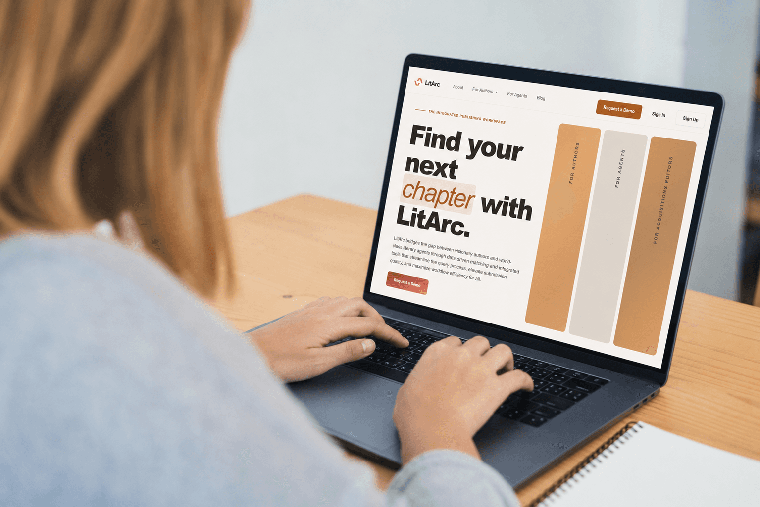 LitArc author workspace showing agent wish lists and query tools on a laptop